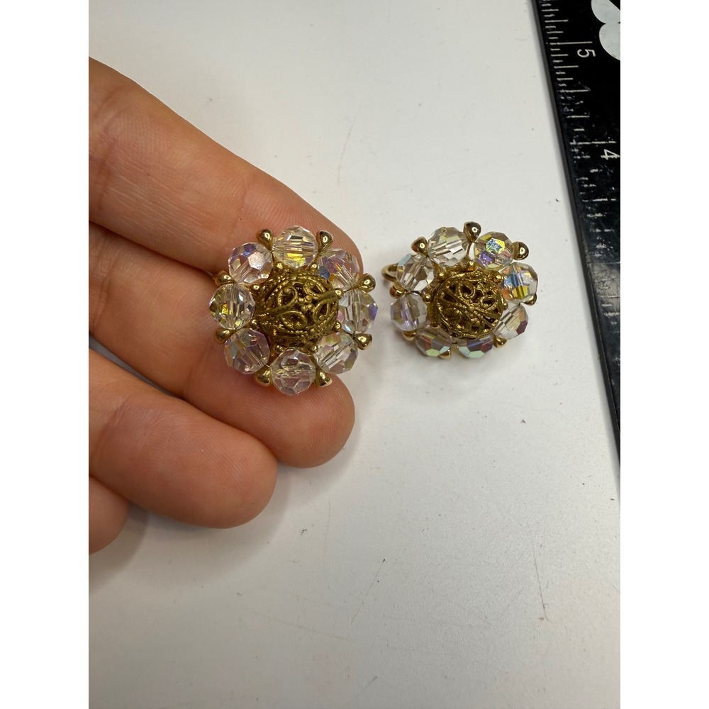 Marvella Aurora Borealis Crystal Filigree Gold Tone Clip On Earrings Vintage